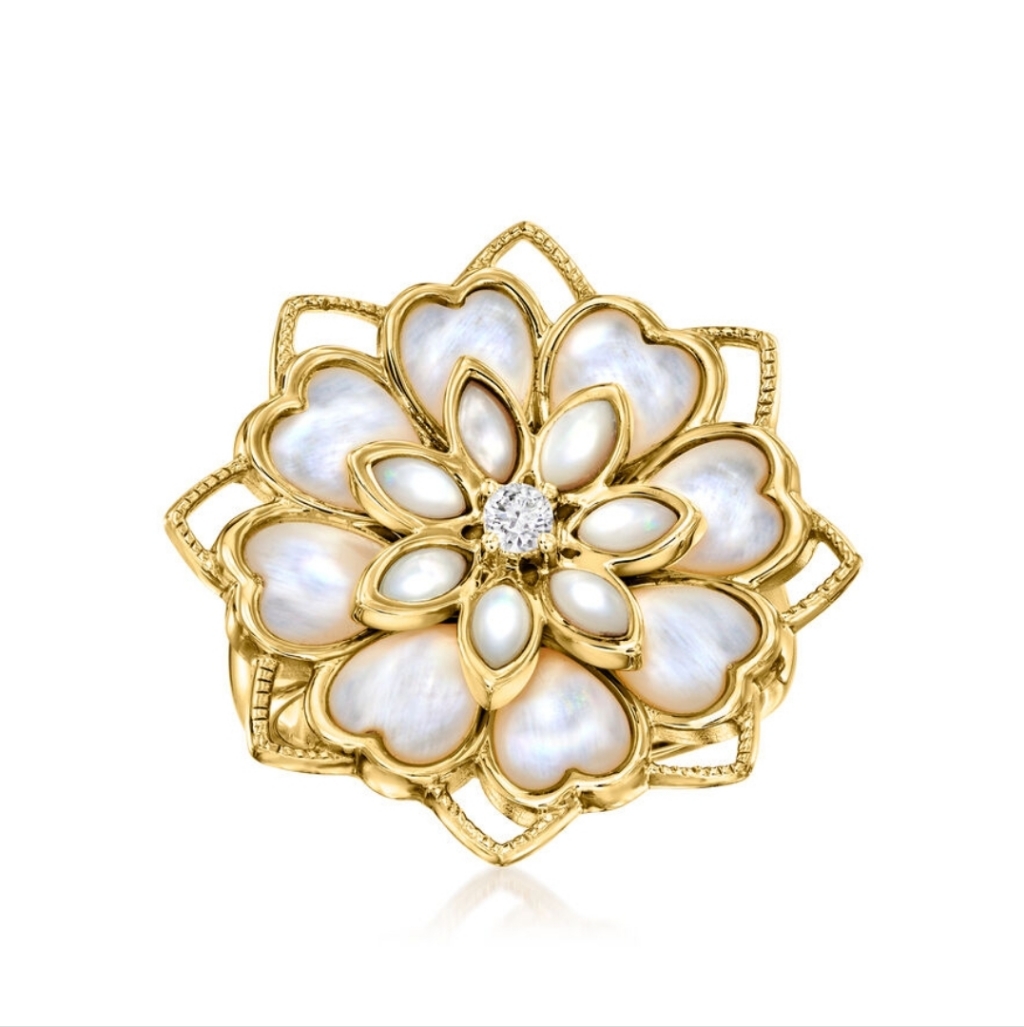 Mother Of Pearl Flower Ring With Single White Topaz In 18k